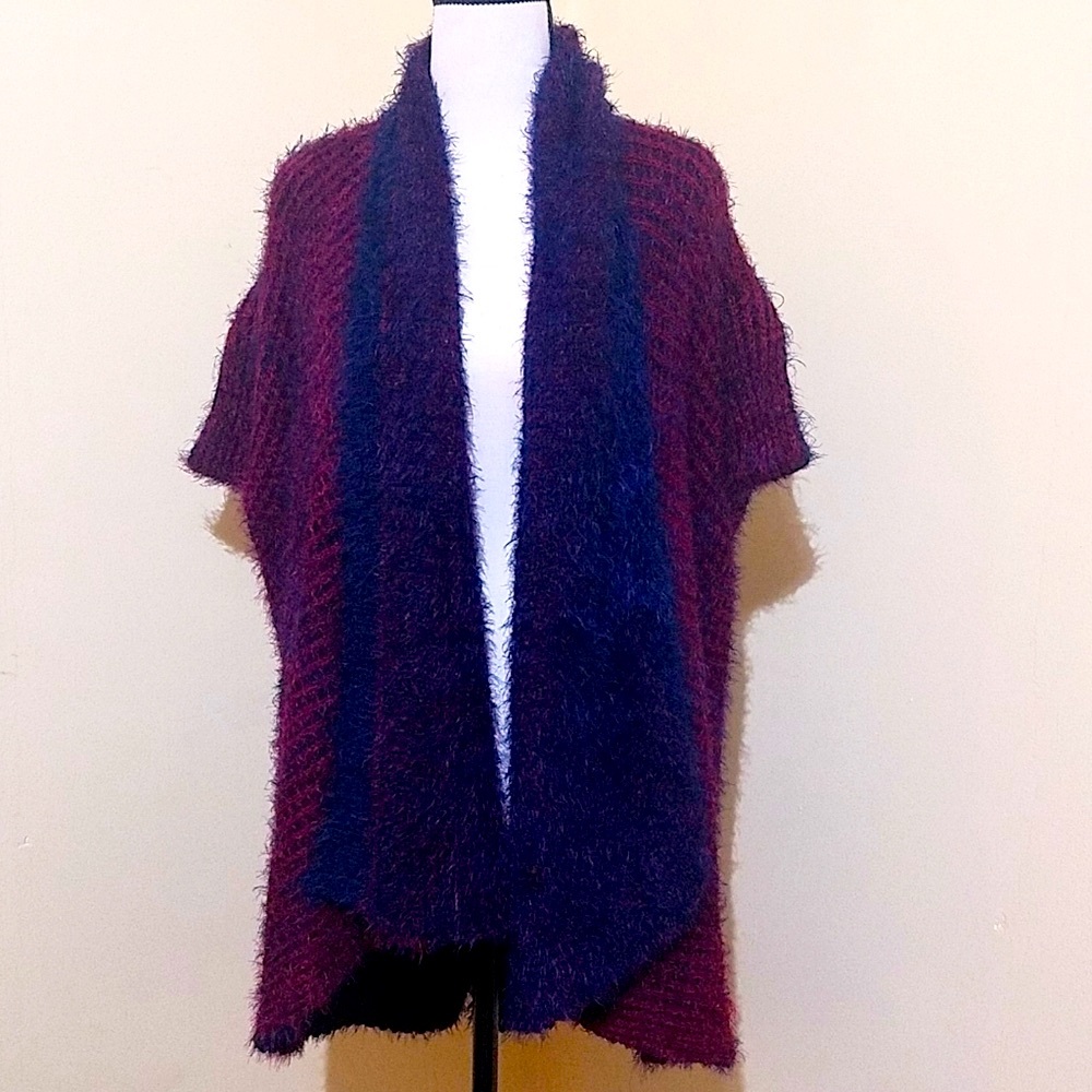 Reversible Fuzzy Blue & Red Open Front Cardigan Size L
